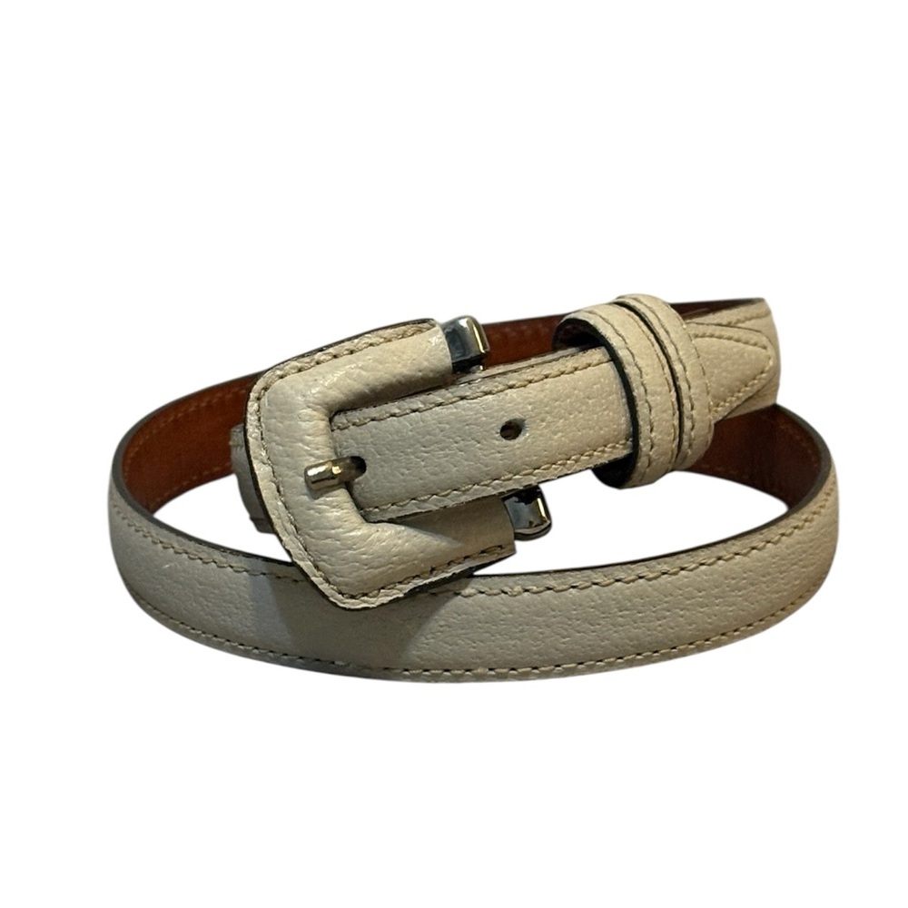 Vintage Joan & David Beige Silver Tone Leather Buckle Skinny Leather Belt